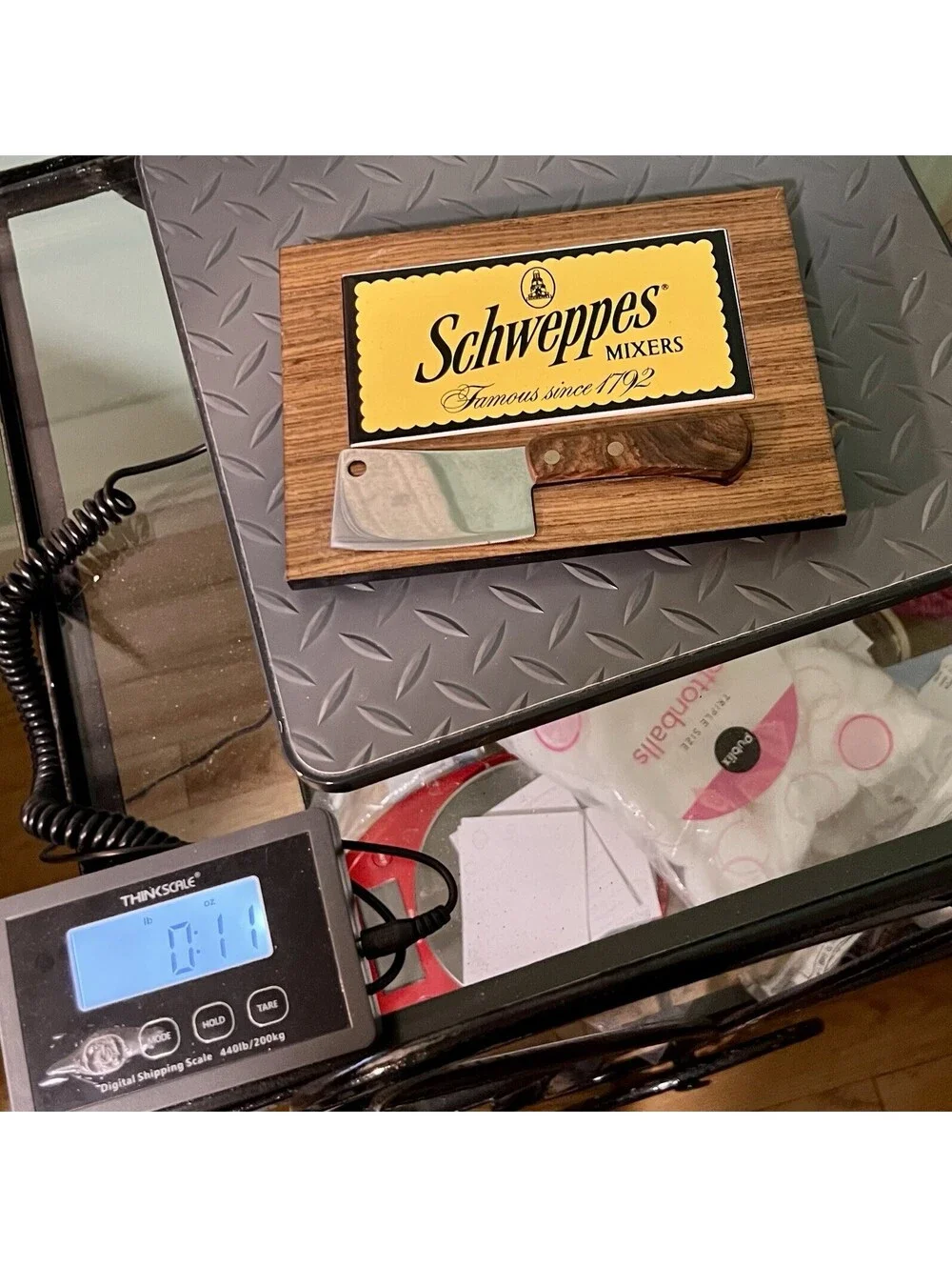 Schweppes 1970s Mixers Promotional Bar Set Mini Cheese Cleaver Wood Plaque, 8x6”